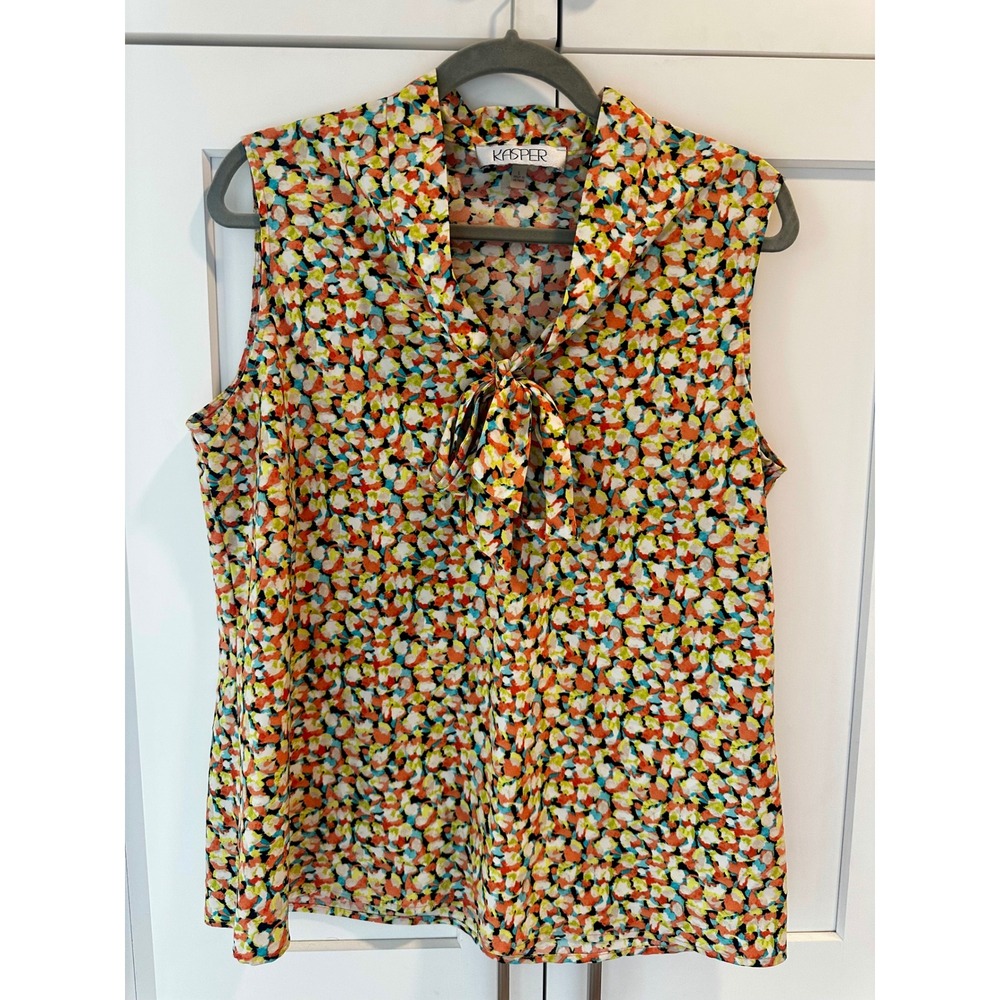 Kasper Womens Sleeveless Tie Neck Blouse Multi Color Abstract Print Size L